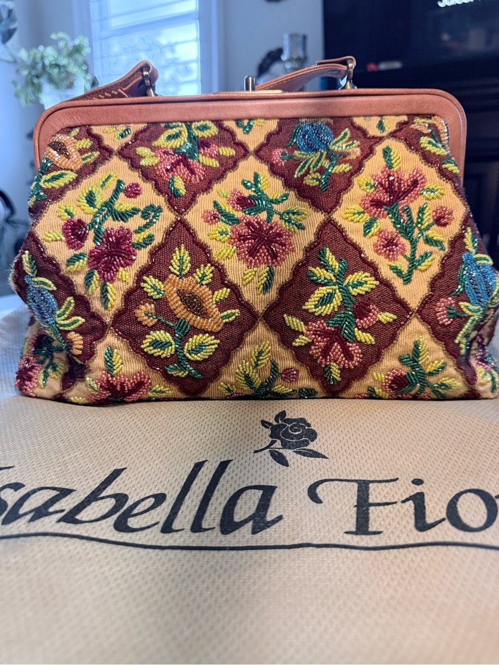 Isabella Fiore Vintage Y2K Beaded Floral Tapestry Clutch Bag Glass Beads Framed